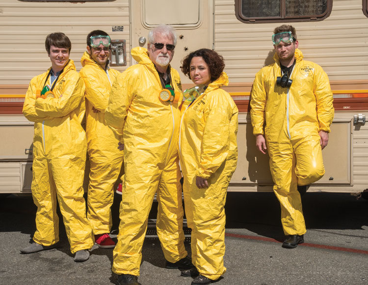 Assistants in hazmat suits: Curtis Thurber, left, Trevor Baker, Mel Friedman, Sharidan Williams-Sotelo and Chris McCaleb.