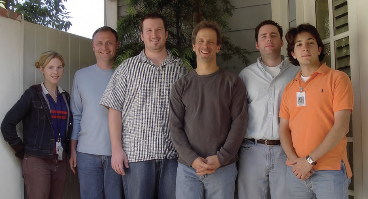 WILD HORSES: Goldenberg, center, in sweatshirt, with his post crew from “Seabiscuit.” 