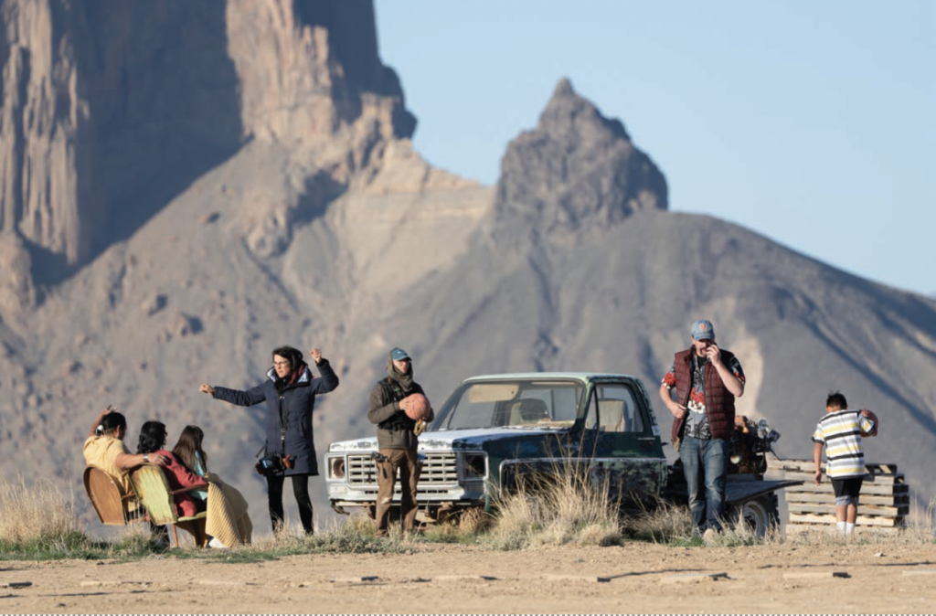 Director and co-writer Sydney Freeland (gesturing in dark jacket) on the set of “Rez Ball.” PHOTO: LEWIS JACOBS/NETFLIX